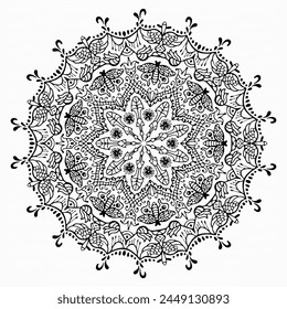 Handmade doodle illustration of Mandala.Coloring for arttherapy.Vector clipart concept line isolated on white bkgr.B and W design for poster,card,label,sticker,t-shirt,web,print,stamp,tattoo,etc.