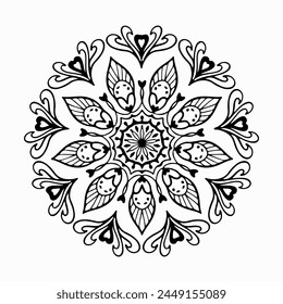 Handmade doodle illustration of Mandala.Coloring for arttherapy.Vector clipart concept line isolated on white bkgr.B and W design for poster,card,label,sticker,t-shirt,web,print,stamp,tattoo,etc.