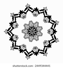 Handmade doodle illustration of Mandala.Coloring for arttherapy.Vector clipart concept line isolated on white bkgr.B and W design for poster,card,label,sticker,t-shirt,web,print,stamp,tattoo,etc.