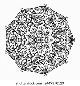 Handmade doodle illustration of Mandala.Coloring for arttherapy.Vector clipart concept line isolated on white bkgr.B and W design for poster,card,label,sticker,t-shirt,web,print,stamp,tattoo,etc.