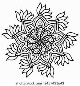 Handmade doodle illustration of Mandala.Coloring for arttherapy.Vector clipart concept line isolated on white bkgr.B and W design for poster,card,label,sticker,t-shirt,web,print,stamp,tattoo,etc.