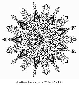 Handmade doodle illustration of Mandala.Coloring for arttherapy.Vector clipart concept line isolated on white bkgr.B and W design for poster,card,label,sticker,t-shirt,web,print,stamp,tattoo,etc.