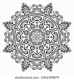Handmade doodle illustration of Mandala.Coloring for arttherapy.Vector clipart concept line isolated on white bkgr.B and W design for poster,card,label,sticker,t-shirt,web,print,stamp,tattoo,etc.