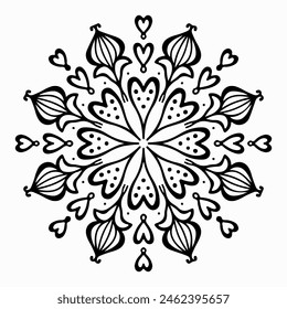 Handmade doodle illustration of Mandala.Coloring for arttherapy.Vector clipart concept line isolated on white bkgr.B and W design for poster,card,label,sticker,t-shirt,web,print,stamp,tattoo,etc.