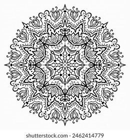 Handmade doodle illustration of Mandala.Coloring for arttherapy.Vector clipart concept line isolated on white bkgr.B and W design for poster,card,label,sticker,t-shirt,web,print,stamp,tattoo,etc.