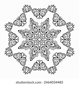 Handmade doodle illustration of Mandala.Coloring for arttherapy.Vector clipart concept line isolated on white bkgr.B and W design for poster,card,label,sticker,t-shirt,web,print,stamp,tattoo,etc.