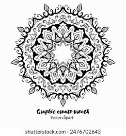 Handmade doodle illustration of Mandala.Coloring for arttherapy.Vector clipart concept line isolated on white bkgr.B and W design for poster,card,label,sticker,t-shirt,web,print,stamp,tattoo,etc.