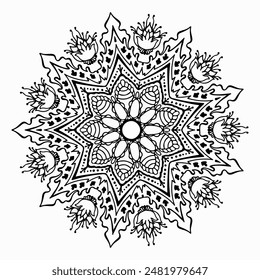 Handmade doodle illustration of Mandala.Coloring for arttherapy.Vector clipart concept line isolated on white bkgr.B and W design for poster,card,label,sticker,t-shirt,web,print,stamp,tattoo,etc.