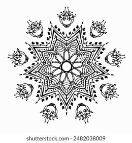 Handmade doodle illustration of Mandala.Coloring for arttherapy.Vector clipart concept line isolated on white bkgr.B and W design for poster,card,label,sticker,t-shirt,web,print,stamp,tattoo,etc.