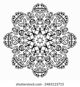 Handmade doodle illustration of Mandala.Coloring for arttherapy.Vector clipart concept line isolated on white bkgr.B and W design for poster,card,label,sticker,t-shirt,web,print,stamp,tattoo,etc.