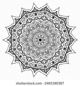 Handmade doodle illustration of Mandala.Coloring for arttherapy.Vector clipart concept line isolated on white bkgr.B and W design for poster,card,label,sticker,t-shirt,web,print,stamp,tattoo,etc.