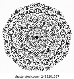 Handmade doodle illustration of Mandala.Coloring for arttherapy.Vector clipart concept line isolated on white bkgr.B and W design for poster,card,label,sticker,t-shirt,web,print,stamp,tattoo,etc.