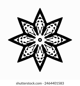 Handmade doodle illustration of Mandala.Decorative symmetrical star.Vector clipart concept line isolated on white bkgr.B and W design for poster,card,label,sticker,t-shirt,web,print,stamp,tattoo,etc.