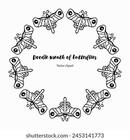 Handmade doodle illustration of Mandala.Doodle wreath of butterflies.Vector clipart concept line isolated on white bkgr.B and W design for poster,card,label,sticker,t-shirt,web,print,stamp,tattoo,etc.