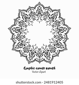 Handmade doodle illustration of Mandala.Graphic ornamental wreath.Vector clipart concept line isolated on white bkgr.B and W design for poster,card,label,sticker,t-shirt,web,print,stamp,tattoo,etc.
