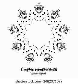 Handmade doodle illustration of Mandala.Graphic ornamental wreath.Vector clipart concept line isolated on white bkgr.B and W design for poster,card,label,sticker,t-shirt,web,print,stamp,tattoo,etc.