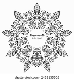 Handmade doodle illustration of Mandala.Henna Botanical wreath.Vector clipart concept line isolated on white bkgr.B and W design for poster,card,label,sticker,t-shirt,web,print,stamp,tattoo,etc.