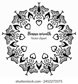 Handmade doodle illustration of Mandala.Henna wreath.Vector clipart concept line isolated on white bkgr.B and W design for poster,card,label,sticker,t-shirt,web,print,stamp,tattoo,etc.