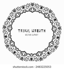 Handmade doodle illustration Mandala.Magic graphic Botanical wreath.Vector clipart concept line isolated on white bkgr.B and W design for poster,card,label,sticker,t-shirt,web,print,stamp,tattoo,etc