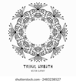 Handmade doodle illustration of Mandala.Magic graphic psy wreath.Vector clipart concept line isolated on white bkgr.B and W design for poster,card,label,sticker,t-shirt,web,print,stamp,tattoo,etc.
