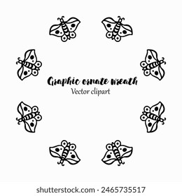 Handmade doodle illustration of Mandala.Magic wreath with butterflies.Vector clipart concept line isolated on white bkgr.B and W design for poster,card,label,sticker,t-shirt,web,print,stamp,tattoo,etc