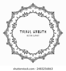 Handmade doodle illustration of Mandala.Magic wreath with butterflies.Vector clipart concept line isolated on white bkgr.B and W design for poster,card,label,sticker,t-shirt,web,print,stamp,tattoo,etc