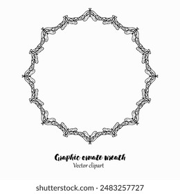 Handmade doodle illustration of Mandala.Magic wreath with butterflies.Vector clipart concept line isolated on white bkgr.B and W design for poster,card,label,sticker,t-shirt,web,print,stamp,tattoo,etc