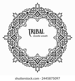 Handmade doodle illustration of Mandala.Tribal wreath with place for text.Vector clipart concept line isolated on white bkgr.B and W design for poster,card,label,sticker,t-shirt,web,print,stamp,tattoo