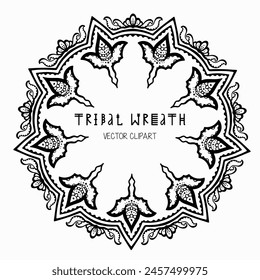 Handmade doodle illustration of Mandala.Tribal wreath.Vector clipart concept line isolated on white bkgr.B and W design for poster,card,label,sticker,t-shirt,web,print,stamp,tattoo,etc.