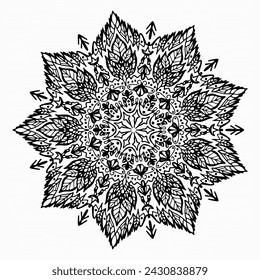 Handmade doodle illustration of Mandala.Vector clipart concept line isolated on white bkgr.B and W design for poster,card,label,sticker,t-shirt,web,print,stamp,tattoo,etc.