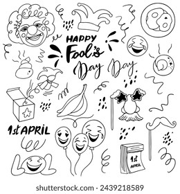 Handgemachtes Doodle-Set für Aprilscherz und Schriftzug. Vektor-Clipart-Concept-Linie isoliert auf weißem bkgr.BandW-Design für Poster, Karte, Etikett, Aufkleber, T-Shirt, Web, Druck, Stempel, Tattoo, etc.