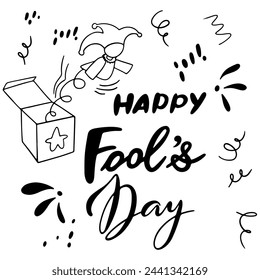 Handmade Doodle Set for April Fool's Day and lettering.Vector clipart concept line isolated on white bkgr.BandW design for poster,card,label,sticker,t-shirt,web,print,stamp,tattoo,etc.