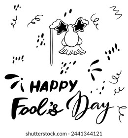 Handmade Doodle Set for April Fool's Day and lettering.Vector clipart concept line isolated on white bkgr.BandW design for poster,card,label,sticker,t-shirt,web,print,stamp,tattoo,etc.