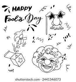 Handmade Doodle Set for April Fool's Day and lettering.Vector clipart concept line isolated on white bkgr.BandW design for poster,card,label,sticker,t-shirt,web,print,stamp,tattoo,etc.