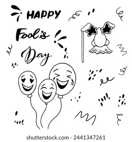 Handmade Doodle Set for April Fool's Day and lettering.Vector clipart concept line isolated on white bkgr.BandW design for poster,card,label,sticker,t-shirt,web,print,stamp,tattoo,etc.