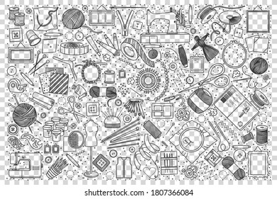 Juego de doodles hecho a mano. Colección de bocetos dibujados a mano plantillas de elementos de herramientas de costura sobre fondo transparente. Joyería de bordado para hacer el botón de la aguja tijeras de chinche y ilustración de punto