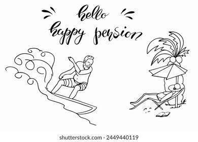 Handmade Doodle set and Lettering hello pension.Vector clipart concept continuous line isolated on white bkgr.BandW design for poster,card,label,sticker,t-shirt,web,print,stamp,tattoo,etc.