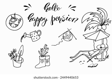 Handmade Doodle set and Lettering hello pension.Vector clipart concept continuous line isolated on white bkgr.BandW design for poster,card,label,sticker,t-shirt,web,print,stamp,tattoo,etc.