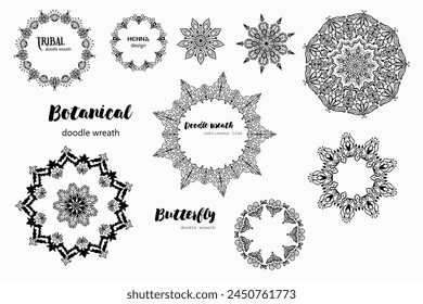 Handmade Doodle set of mandalas and botanical wreaths.Vector clipart concept continuous line isolated on white bkgr.BandW design for poster,card,label,sticker,t-shirt,web,print,stamp,tattoo,etc.