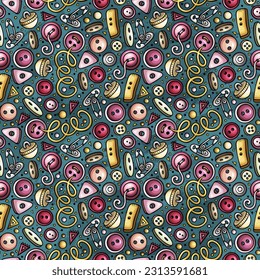 Handmade doodles seamless pattern. Sewing and knitting background. Cartoon craft fabric print design. Colorful vector handicraft illustration