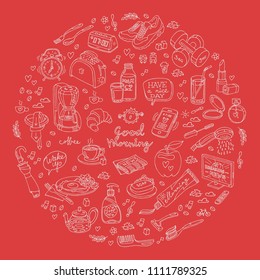 Handmade draw sketch vector isolated illustration of morning icons in circle with red background.