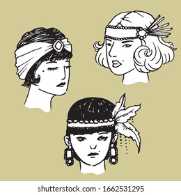 Handmade drawing of art deco girls. Vector illustration of art deco women.