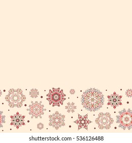 Handmade drawing. For the Christmas design and decoration with place for your text. Vector seamless pattern with snowflakes, doodles and dots on beige background. Watercolor painting effect.