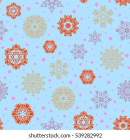 Handmade drawing. For the Christmas design and decoration. Vector seamless pattern with snowflakes, doodles and dots on neutral background. Watercolor painting effect.