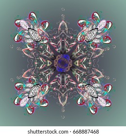Handmade drawing. For the Christmas design and decoration. Vector colorful pattern with snowflakes, doodles and dots on colors background. Watercolor painting effect.