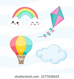 Handmade drawing of elements in the sky. Kite, air balloon, cloud and rainbow.