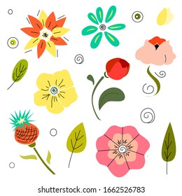 Flores de dibujo hechas a mano para el diseño de postales, texturas, embalaje. Un conjunto de flores lindas rosas y lilas sobre un fondo blanco en gráficos vectoriales, para decorar tarjetas, impresiones sobre ropa, tazas