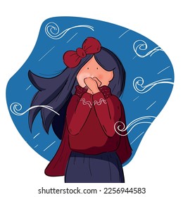 Handmade drawing of a girl with long hair and red bow warming her hands from the intense cold. Vector illustration for use on cards and include texts