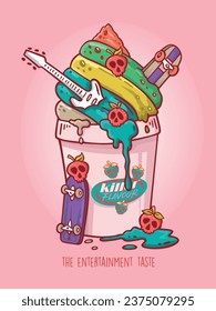 Dibujo hecho a mano de una taza de helado con guitarra, patineta y fresas en forma de cráneo, arte despojado con dibujos de estilo caricaturista. Diseño editable para imprimir en camisetas, afiches, etc.