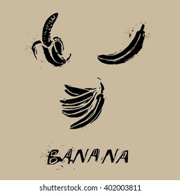handmade drawing illustration of banana icons. lino-cut style.
